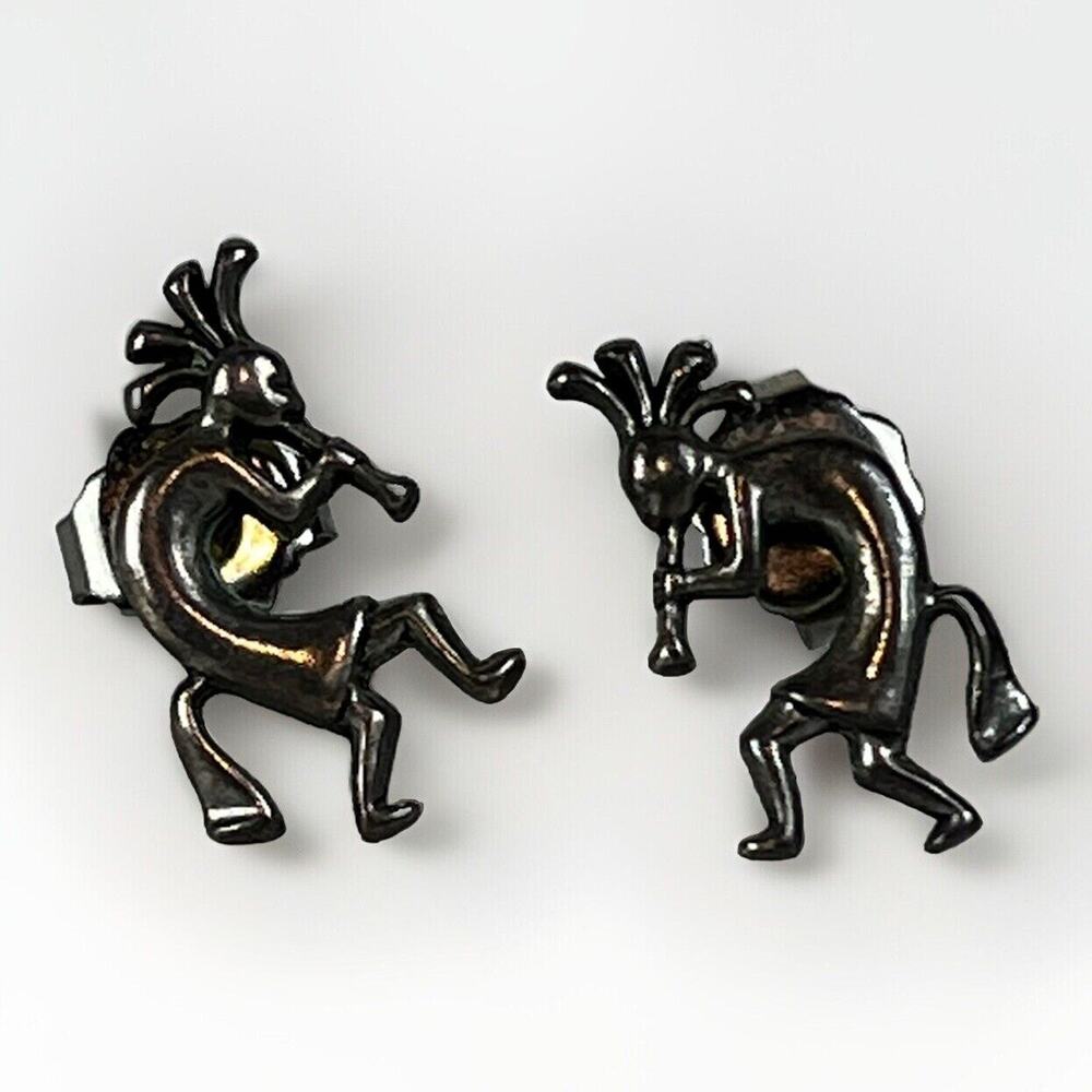 VTG Signed Native American Sterling Silver Kokopelli Dancer Stud Earrings